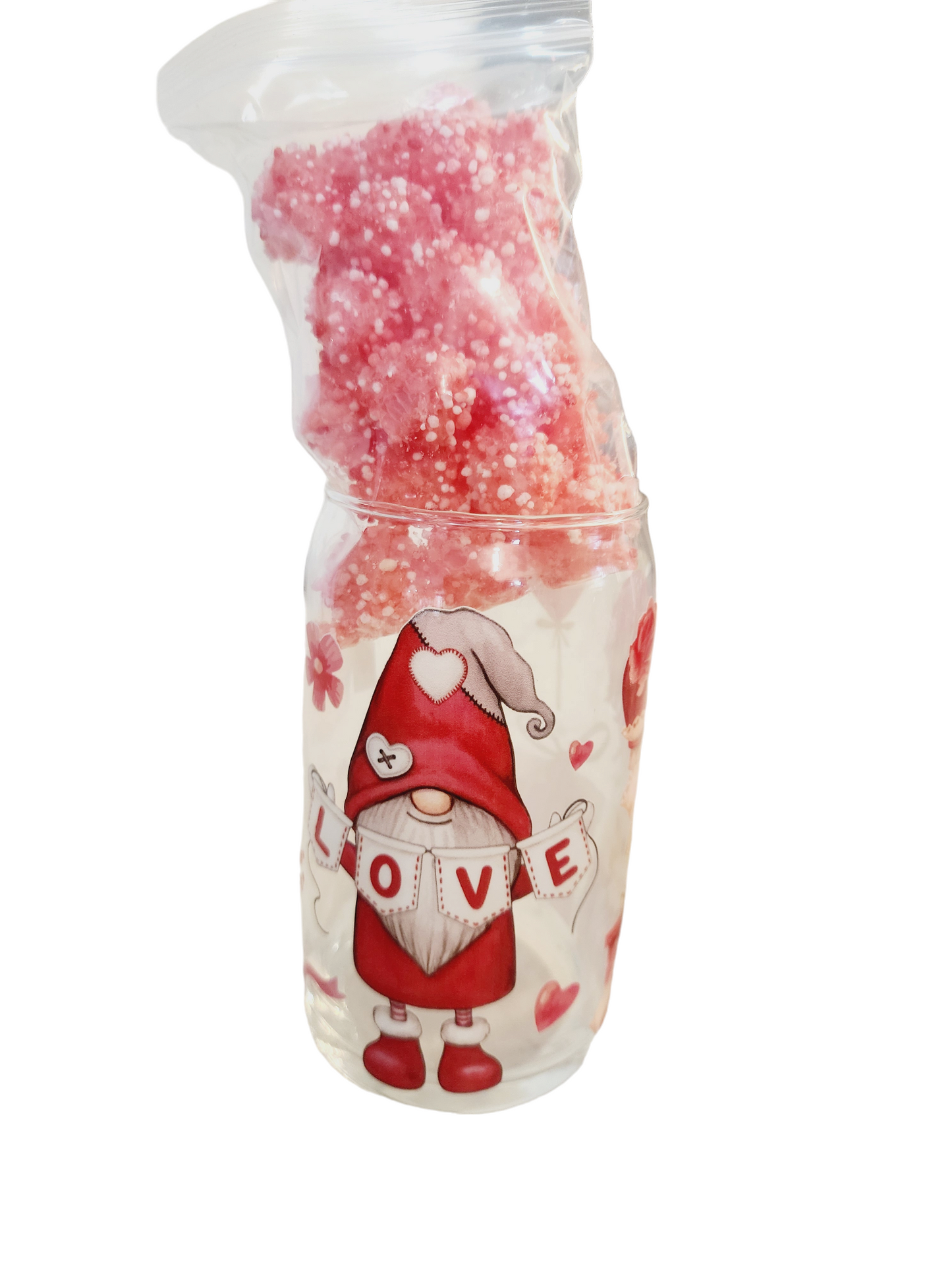 16oz Glass gnome Tumbler filled with valentines nerd clusters