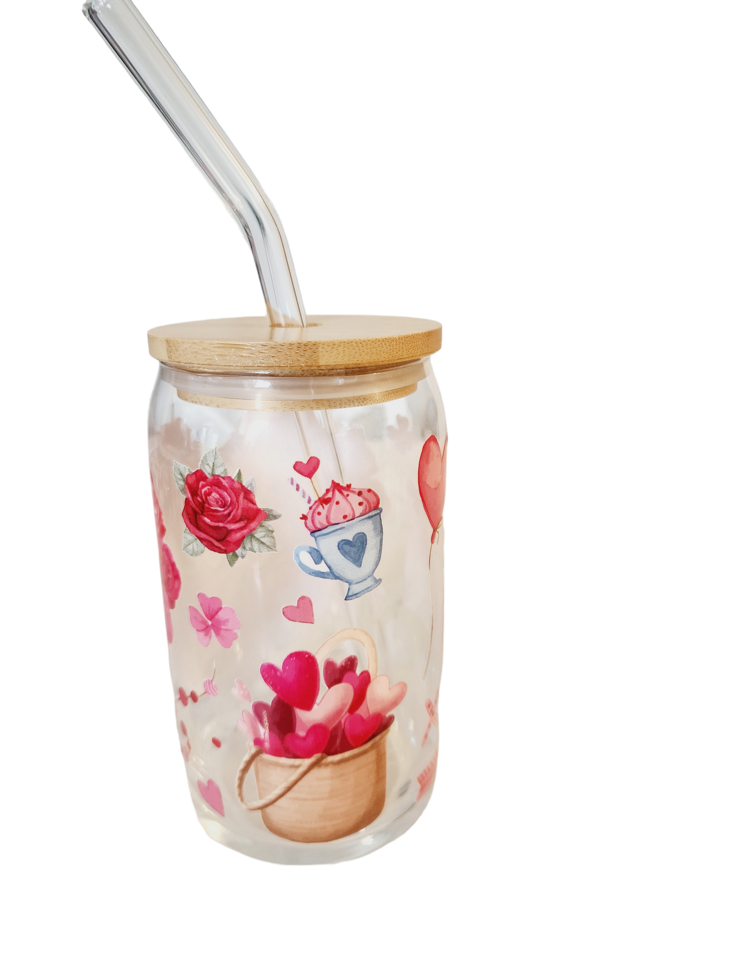 16oz Love glass tumbler filled with berry skittles