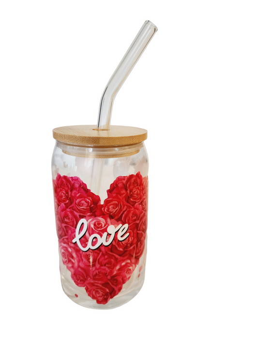 16oz Love glass tumbler filled with berry skittles