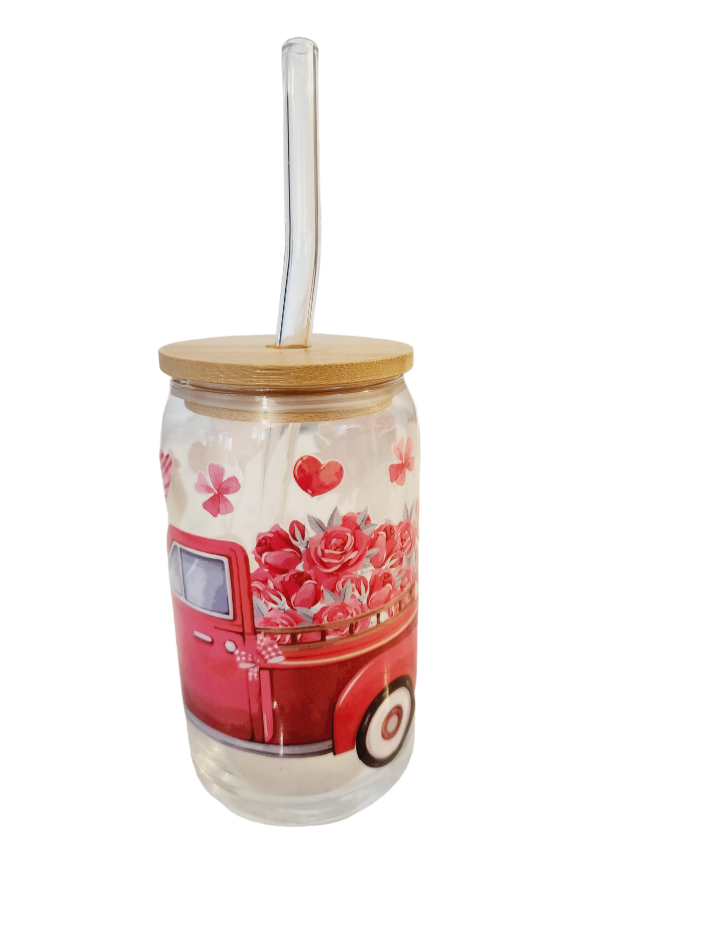 16oz red truck glass tumbler filled with valentines nerd clusters